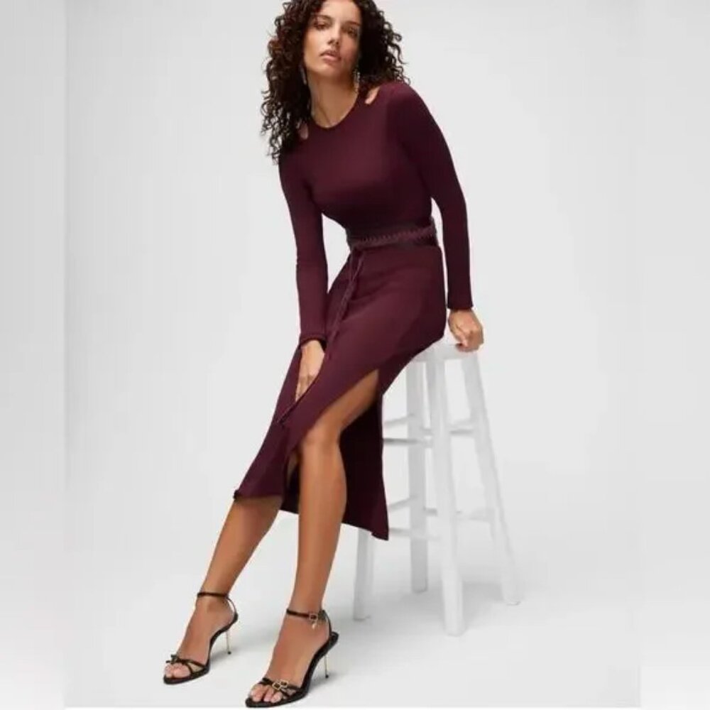 WHBM® FORME Rib Long Sleeve Bodycon Cutout Dress Size Medium Burgundy Maroon
